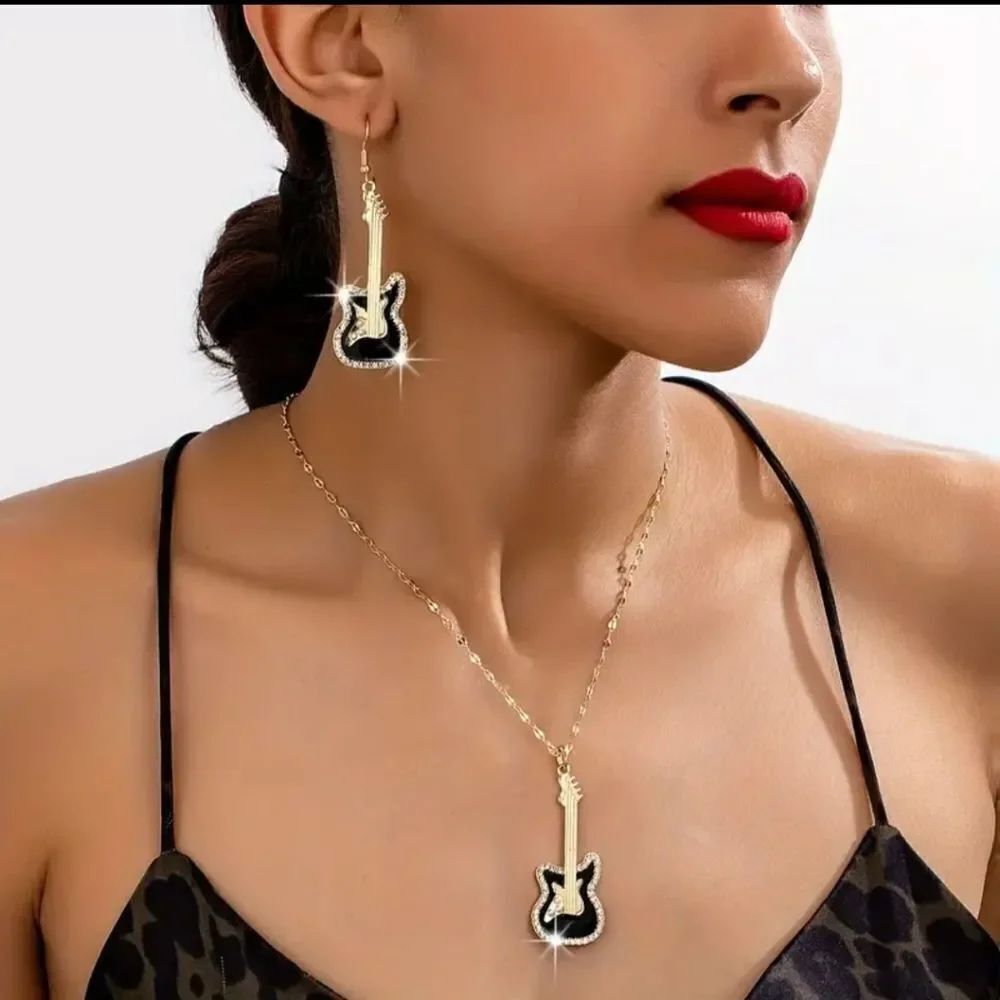18K Gold Plated Stone Guitar Necklace and Earrings set